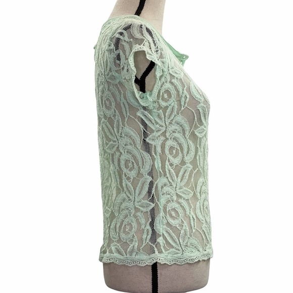 Poof Mint Green Sheer Lace Short Sleeve Blouse - Picture 4 of 11
